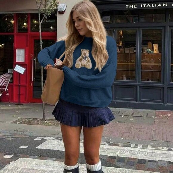 Dark Blue Casual Womens Cute Cartoon Bear Round Neck Long Sleeve Knitted Sweater - Picture 1 of 7